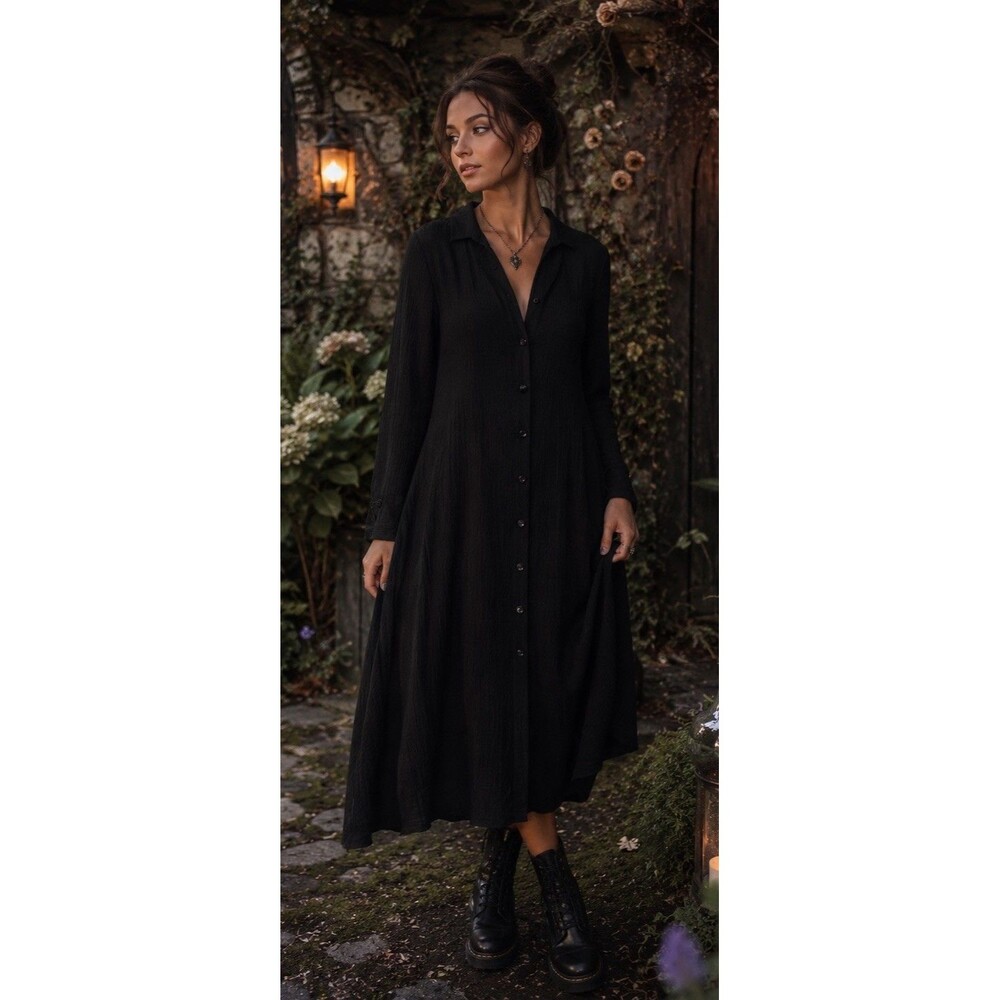 Flax Jeanne Engelhart Size Large Midi Button Front Shirt Dress Black Lagenlook
